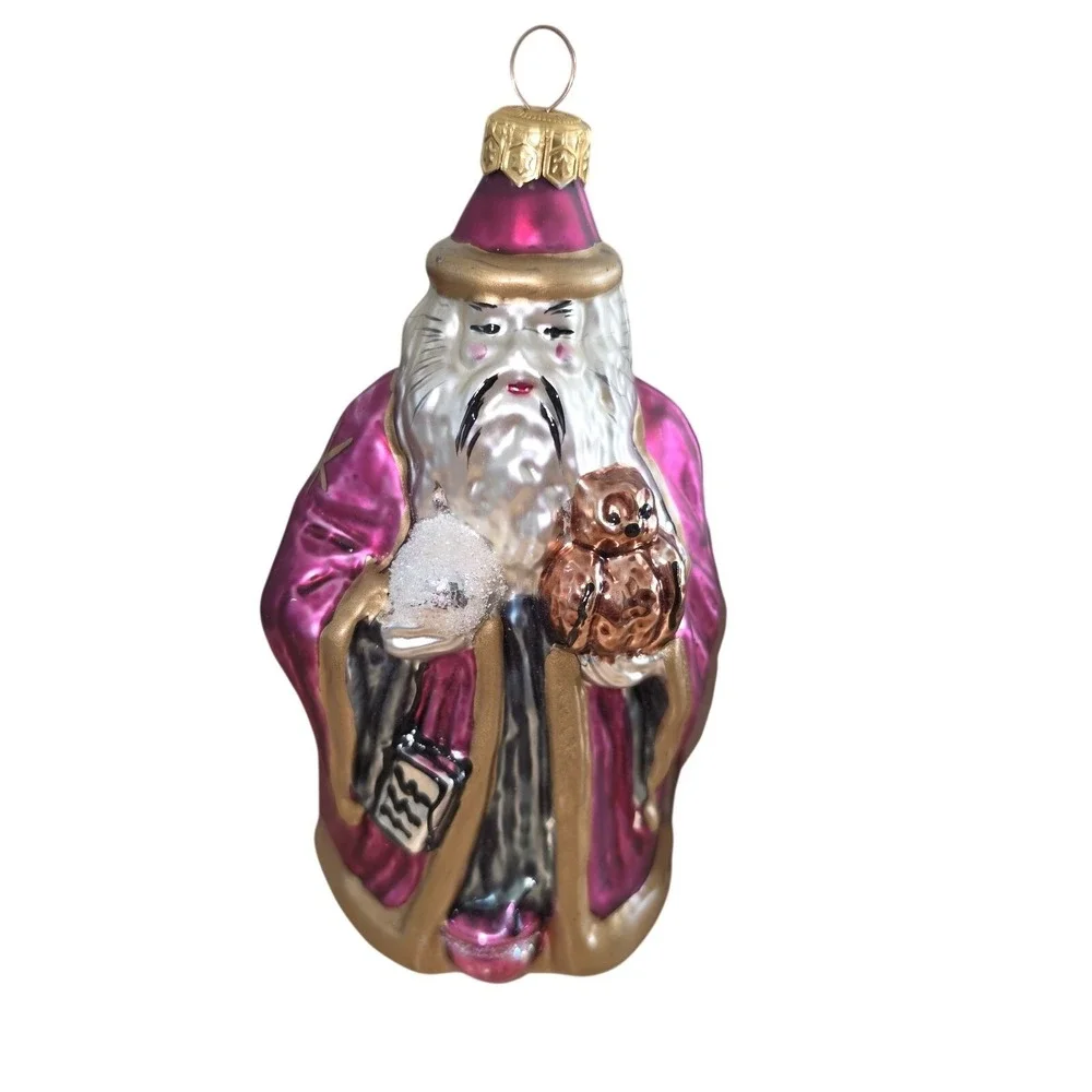 Blown Glass Confucius Santa Ornament: Purple and Gold Wizard Holiday Tree